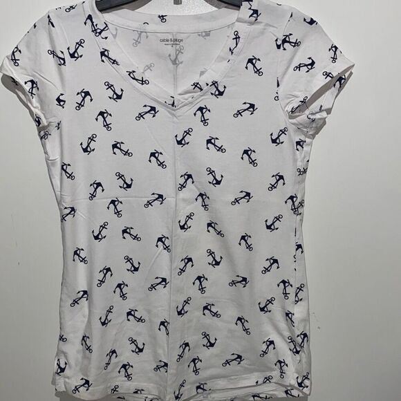 Cable & Gauge Top Women's Small White Blue Anchor Nautical Short Sleeve V-Neck - Picture 1 of 7
